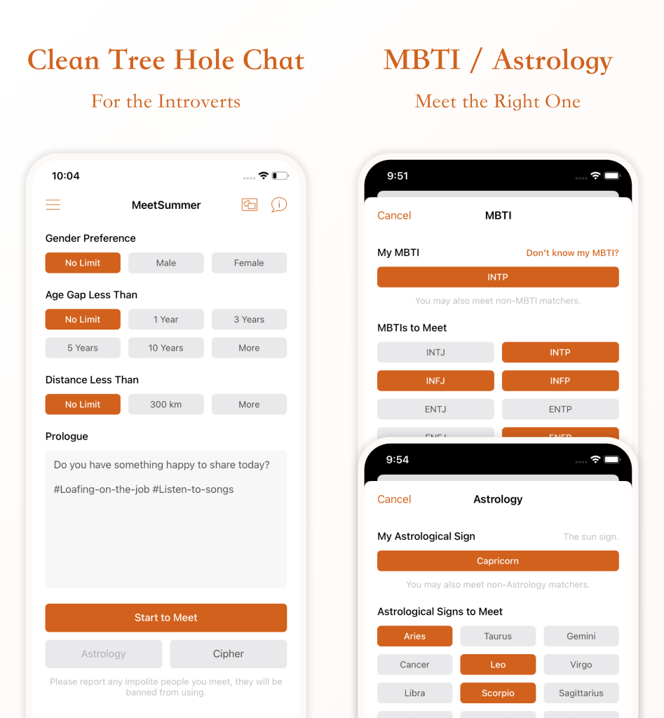 MeetSummer Interface: match feature, mbti, astrology